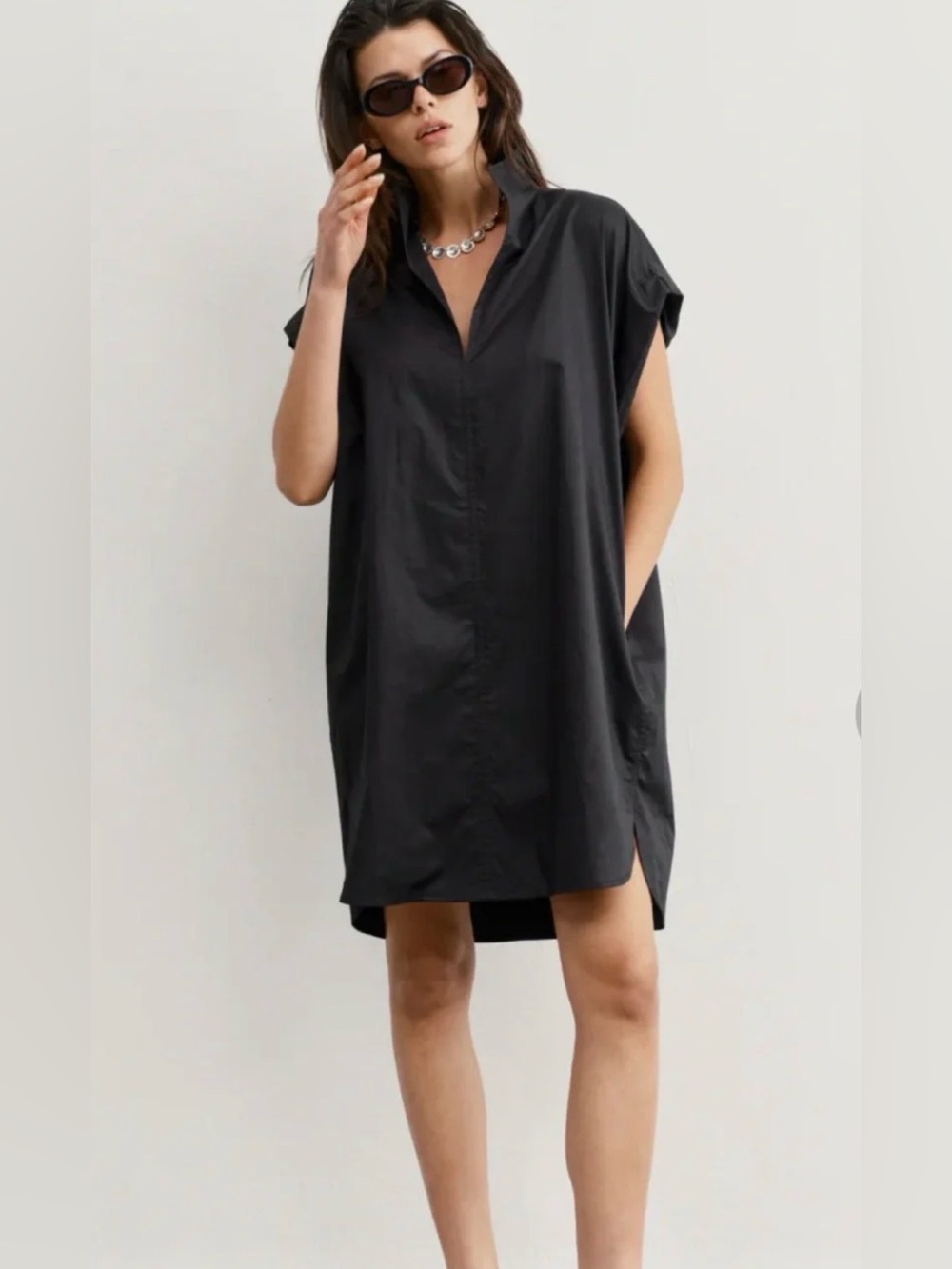 AYR The Splash Dress 🖤 Black Cap Sleeve V-neck Pockets Stand Collar 🏊‍♀️Cover Up